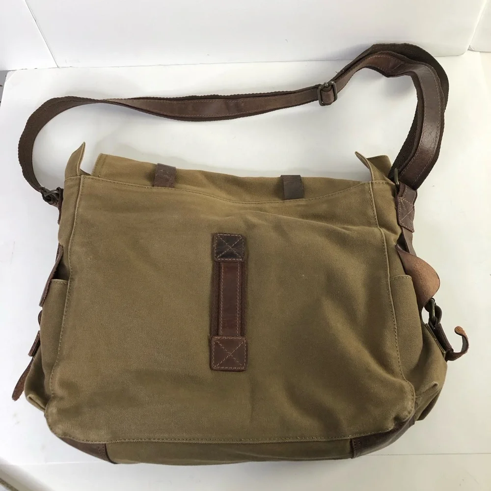Rustic Town Men Brown Military Leather Canvas Messenger Bag L Shoulder Crossbody